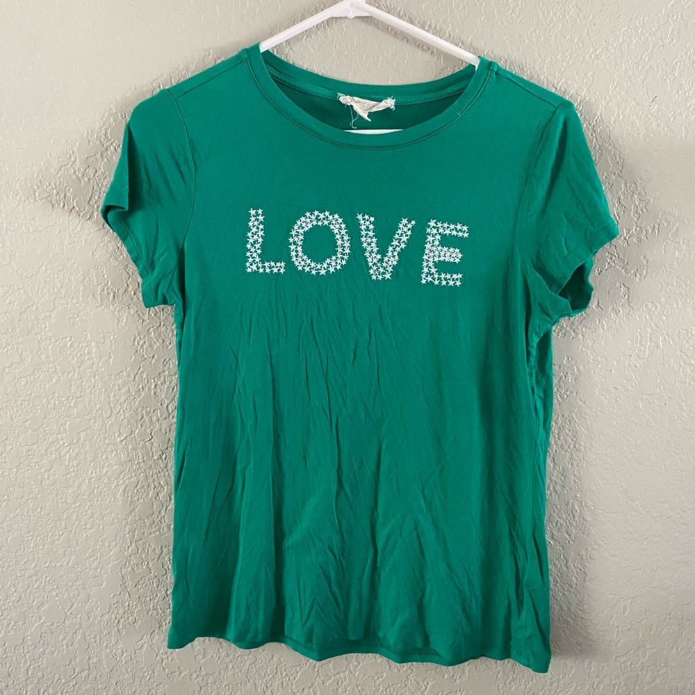 Brit NY Love Embroidered Graphic Soft Green T-Shirt Top Size S